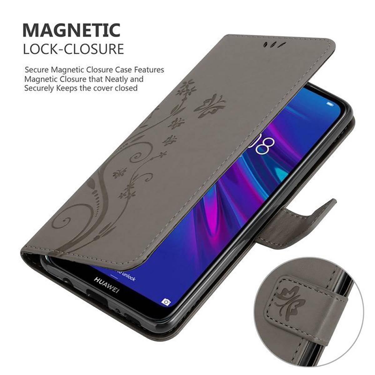 Cadorabo Hülle für Huawei Y6 2019 Schutz Hülle in Grau Schutzhülle Handy Hülle Etui Case Blumen Flower