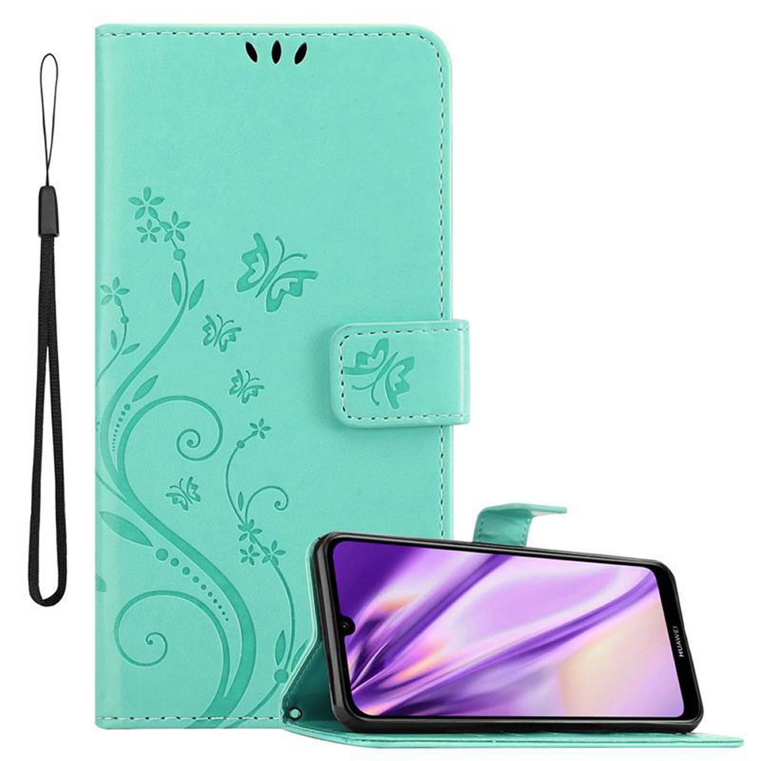 Cadorabo Hülle für Huawei Y6 2019 Schutz Hülle in Türkis Schutzhülle Handy Hülle Etui Case Blumen Flower