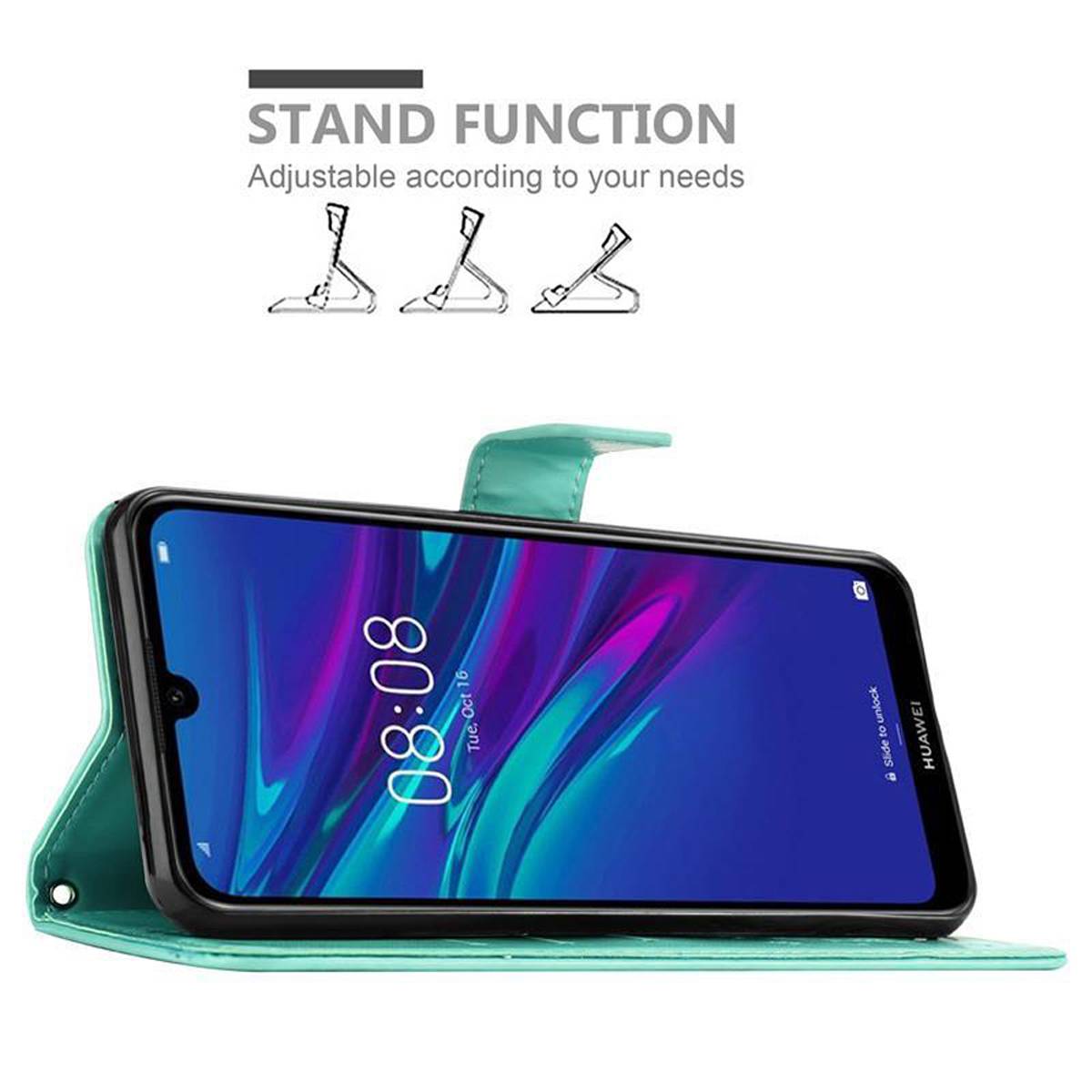 Cadorabo Hülle für Huawei Y6 2019 Schutz Hülle in Türkis Schutzhülle Handy Hülle Etui Case Blumen Flower