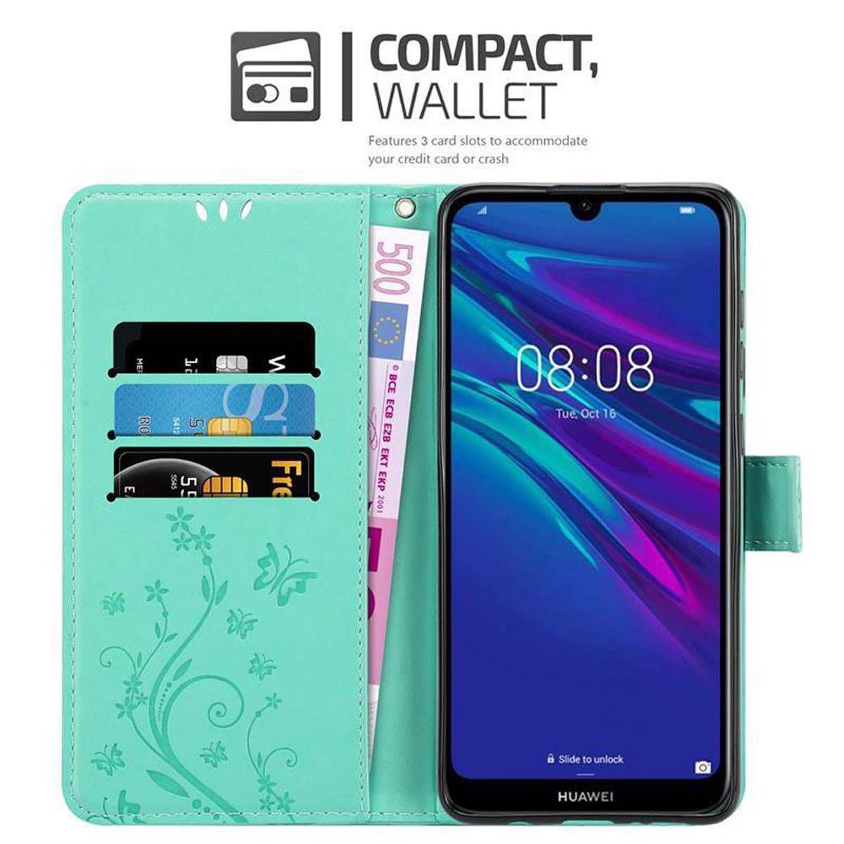 Cadorabo Hülle für Huawei Y6 2019 Schutz Hülle in Türkis Schutzhülle Handy Hülle Etui Case Blumen Flower