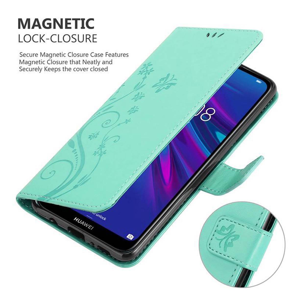 Cadorabo Hülle für Huawei Y6 2019 Schutz Hülle in Türkis Schutzhülle Handy Hülle Etui Case Blumen Flower