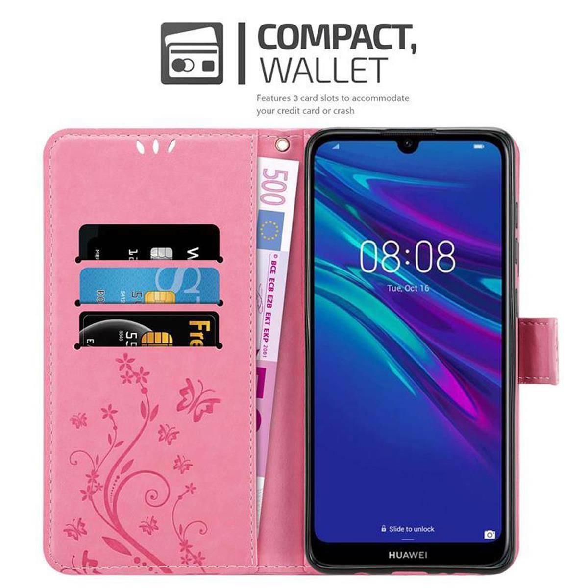 Cadorabo Hülle für Huawei Y6 2019 Schutz Hülle in Rosa Schutzhülle Handy Hülle Etui Case Blumen Flower