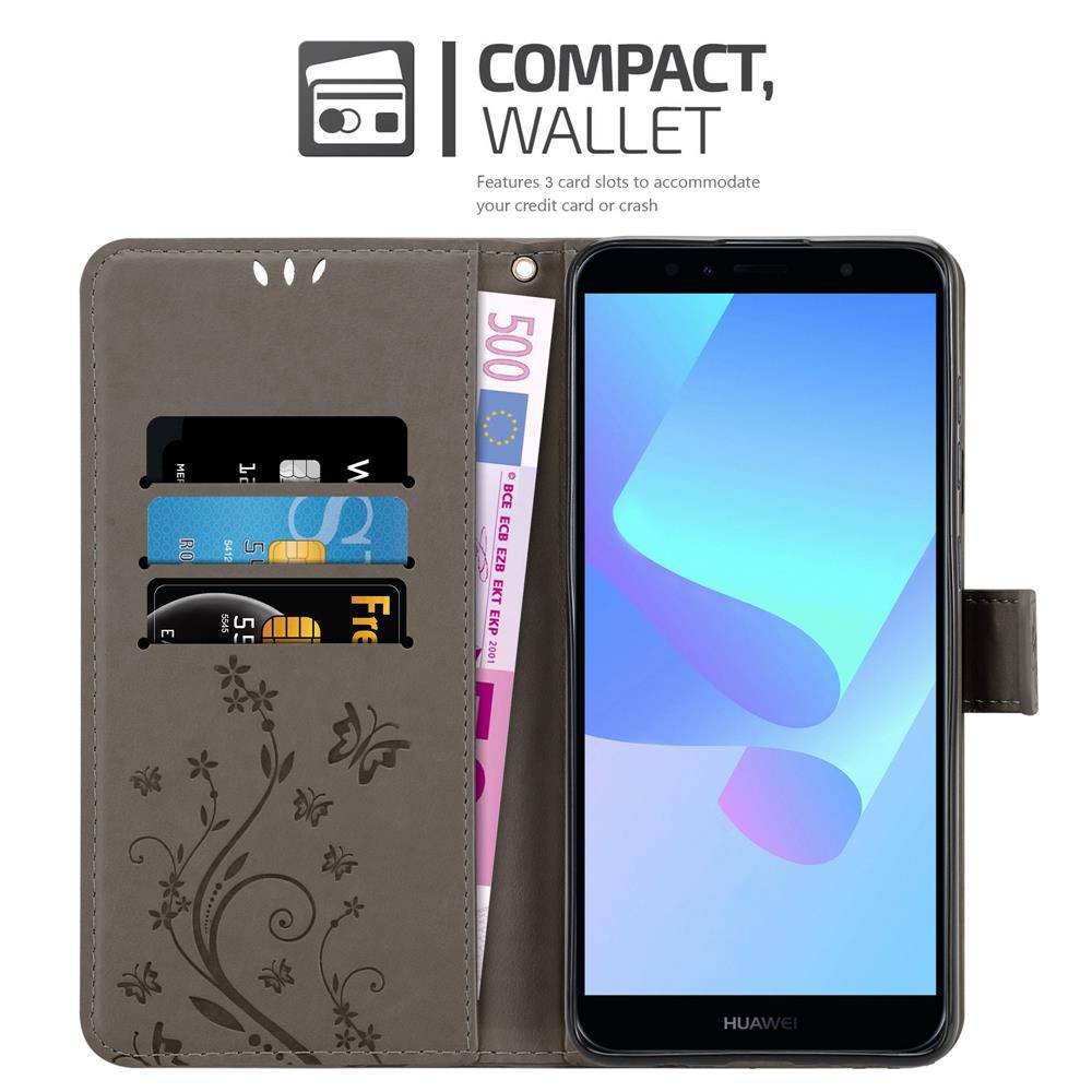 Cadorabo Hülle für Honor 7A / Huawei Y6 PRIME 2018 Schutz Hülle in Grau Schutzhülle Handy Hülle Etui Case Blumen Flower