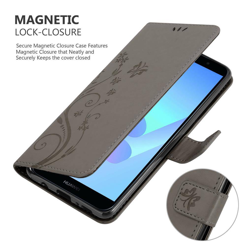 Cadorabo Hülle für Honor 7A / Huawei Y6 PRIME 2018 Schutz Hülle in Grau Schutzhülle Handy Hülle Etui Case Blumen Flower