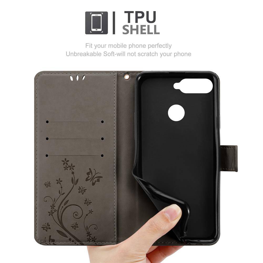 Cadorabo Hülle für Honor 7A / Huawei Y6 PRIME 2018 Schutz Hülle in Grau Schutzhülle Handy Hülle Etui Case Blumen Flower