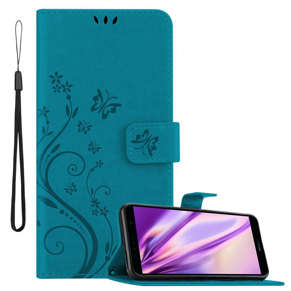 Cadorabo Hülle für Honor 7A / Huawei Y6 PRIME 2018 Schutz Hülle in Blau Schutzhülle Handy Hülle Etui Case Blumen Flower