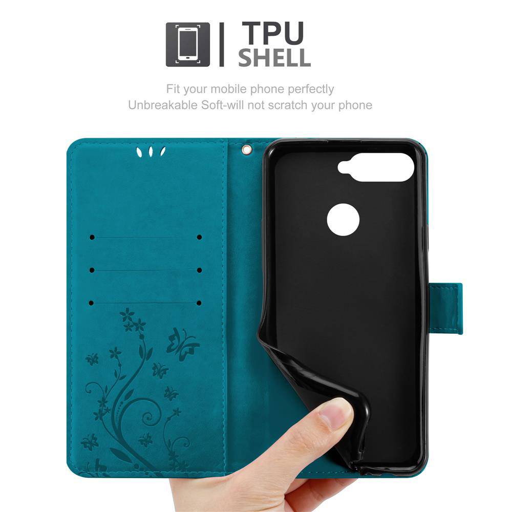 Cadorabo Hülle für Honor 7A / Huawei Y6 PRIME 2018 Schutz Hülle in Blau Schutzhülle Handy Hülle Etui Case Blumen Flower