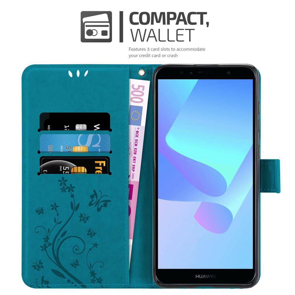 Cadorabo Hülle für Honor 7A / Huawei Y6 PRIME 2018 Schutz Hülle in Blau Schutzhülle Handy Hülle Etui Case Blumen Flower