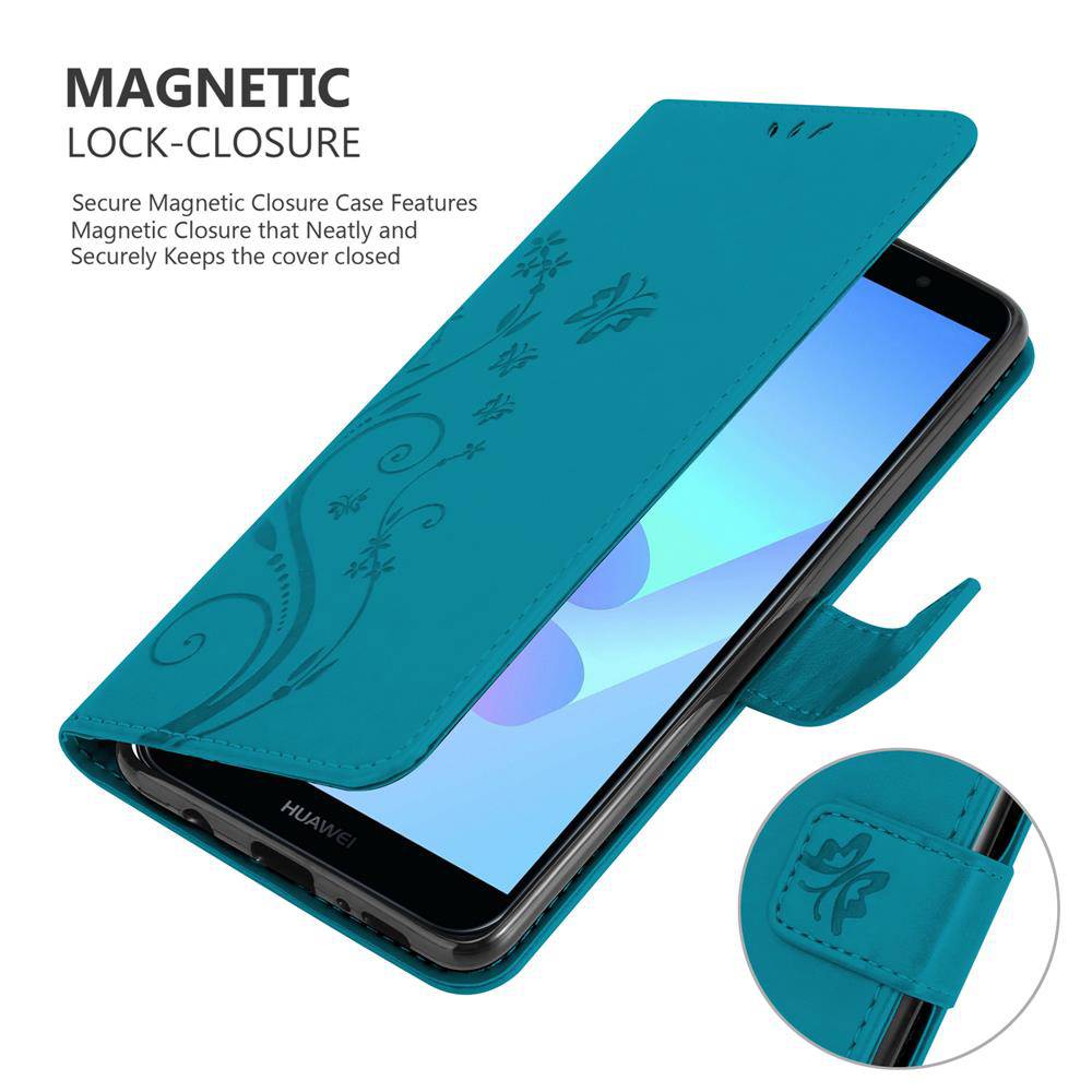 Cadorabo Hülle für Honor 7A / Huawei Y6 PRIME 2018 Schutz Hülle in Blau Schutzhülle Handy Hülle Etui Case Blumen Flower