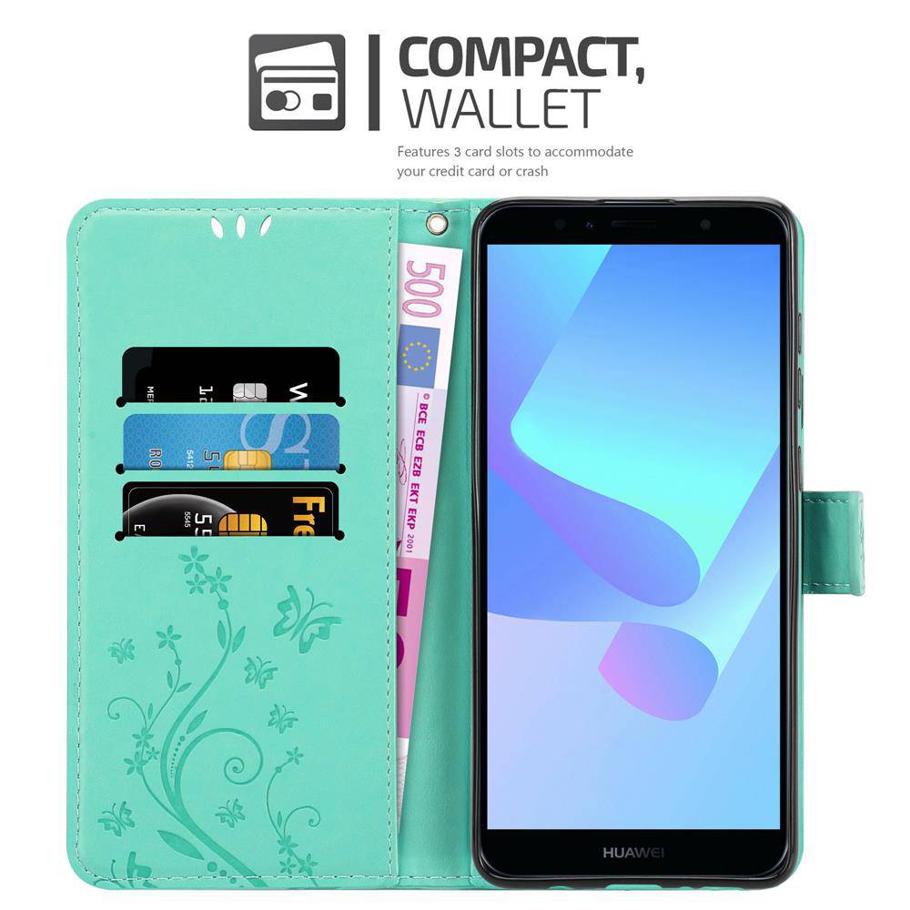 Cadorabo Hülle für Honor 7A / Huawei Y6 PRIME 2018 Schutz Hülle in Türkis Schutzhülle Handy Hülle Etui Case Blumen