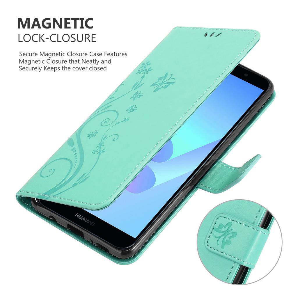 Cadorabo Hülle für Honor 7A / Huawei Y6 PRIME 2018 Schutz Hülle in Türkis Schutzhülle Handy Hülle Etui Case Blumen