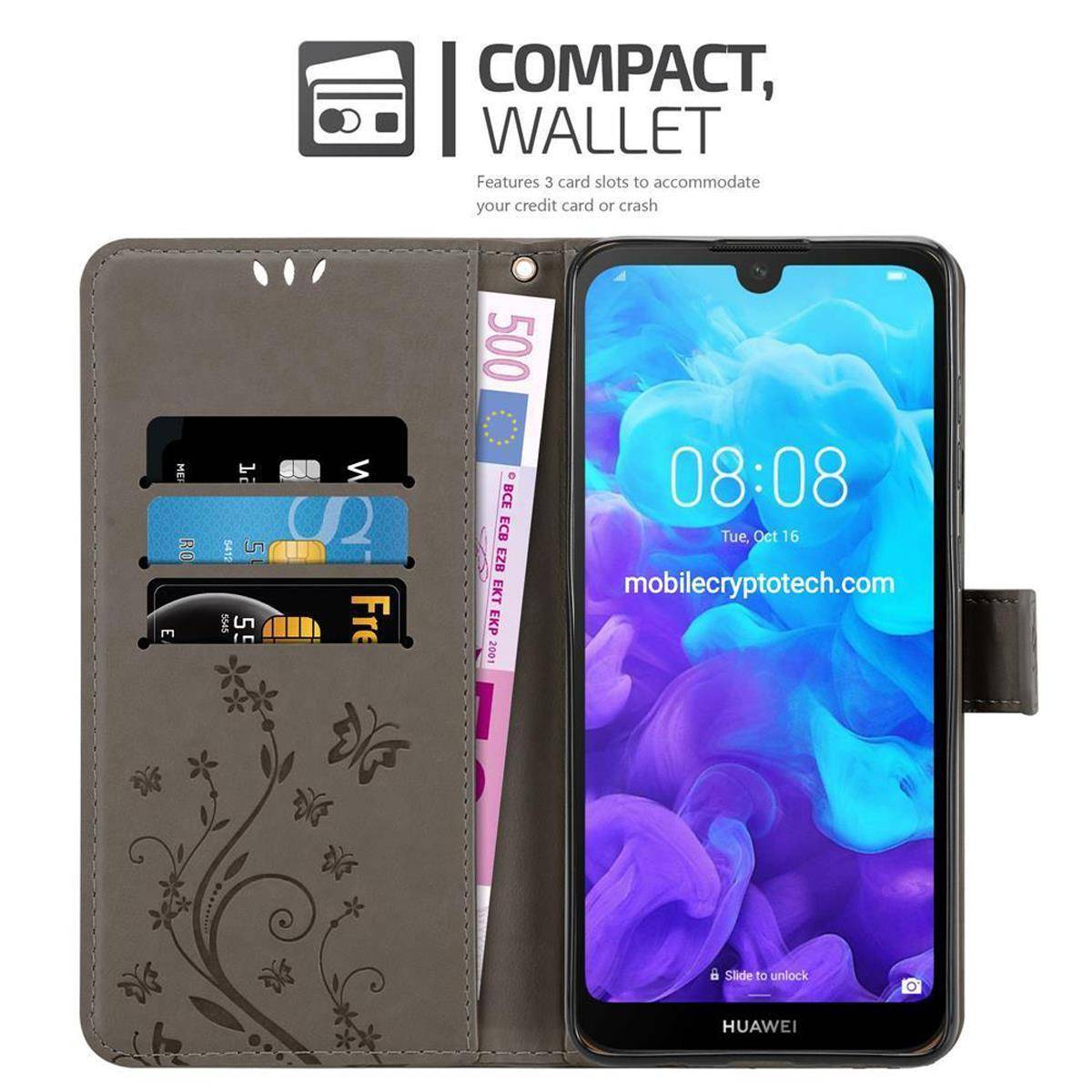 Cadorabo Hülle für Huawei Y6 PRO 2019 Schutz Hülle in Grau Schutzhülle Handy Hülle Etui Case Blumen Flower