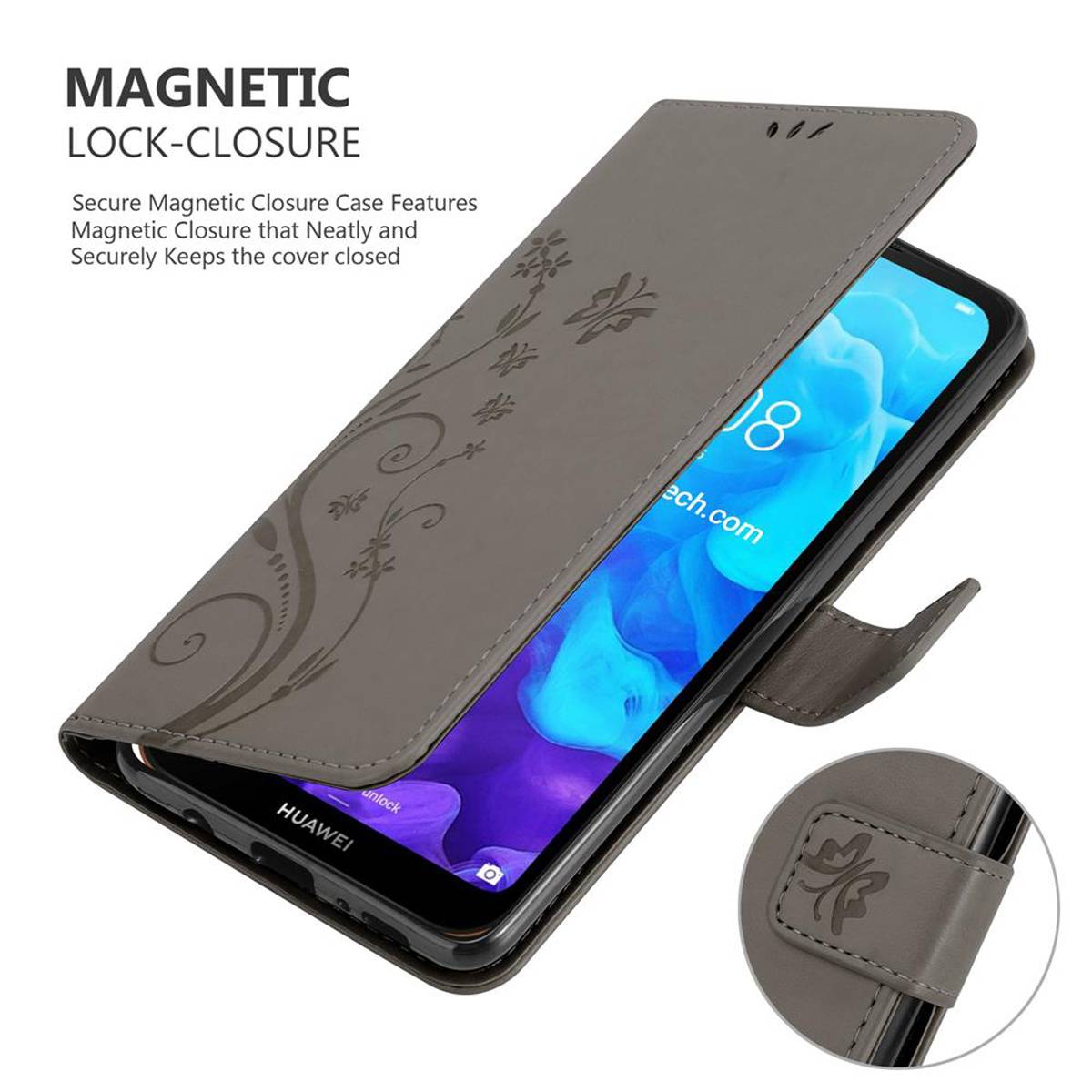 Cadorabo Hülle für Huawei Y6 PRO 2019 Schutz Hülle in Grau Schutzhülle Handy Hülle Etui Case Blumen Flower