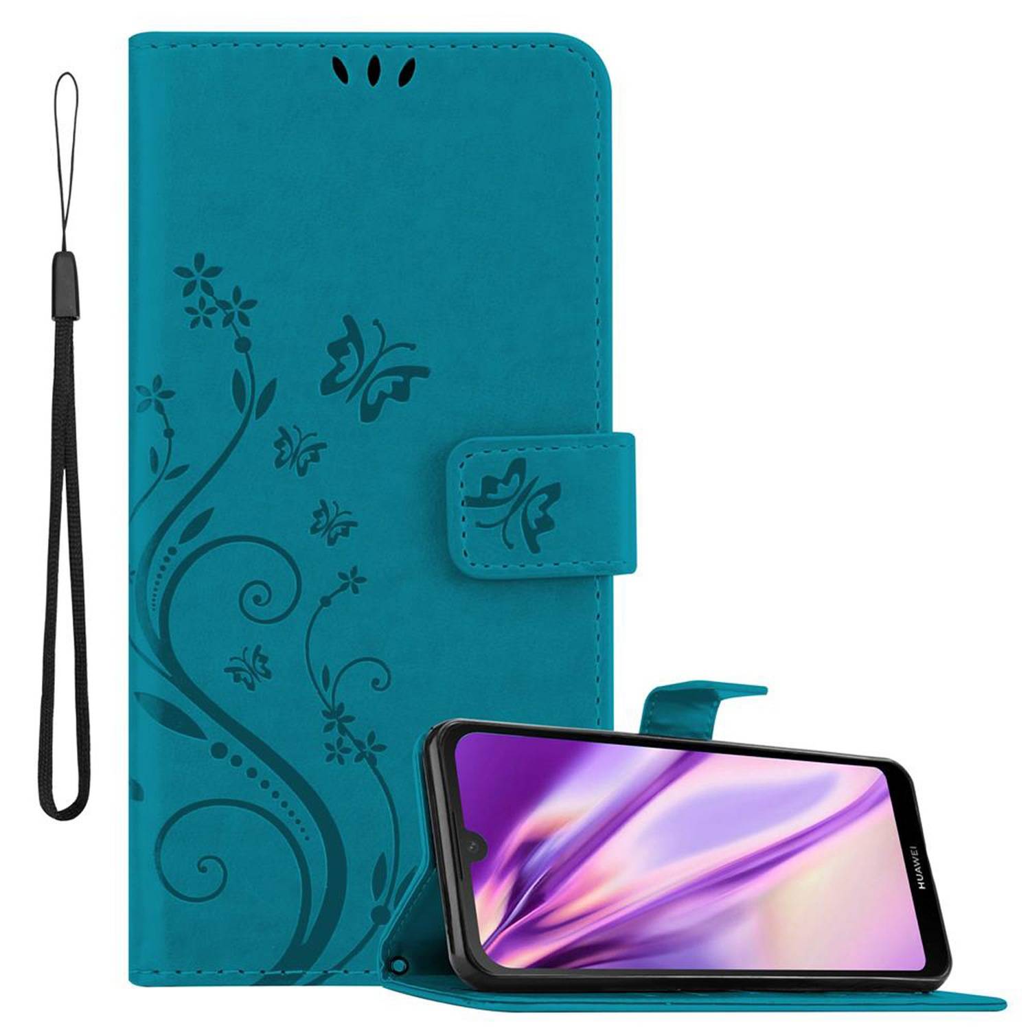 Cadorabo Hülle für Huawei Y6 PRO 2019 Schutz Hülle in Blau Schutzhülle Handy Hülle Etui Case Blumen Flower