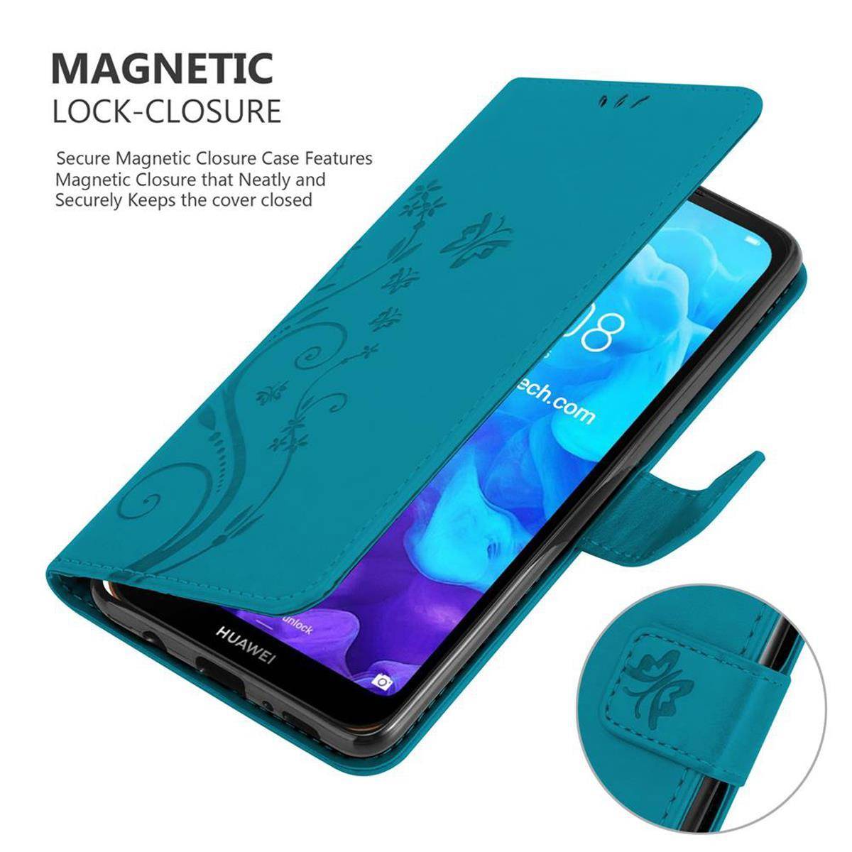 Cadorabo Hülle für Huawei Y6 PRO 2019 Schutz Hülle in Blau Schutzhülle Handy Hülle Etui Case Blumen Flower