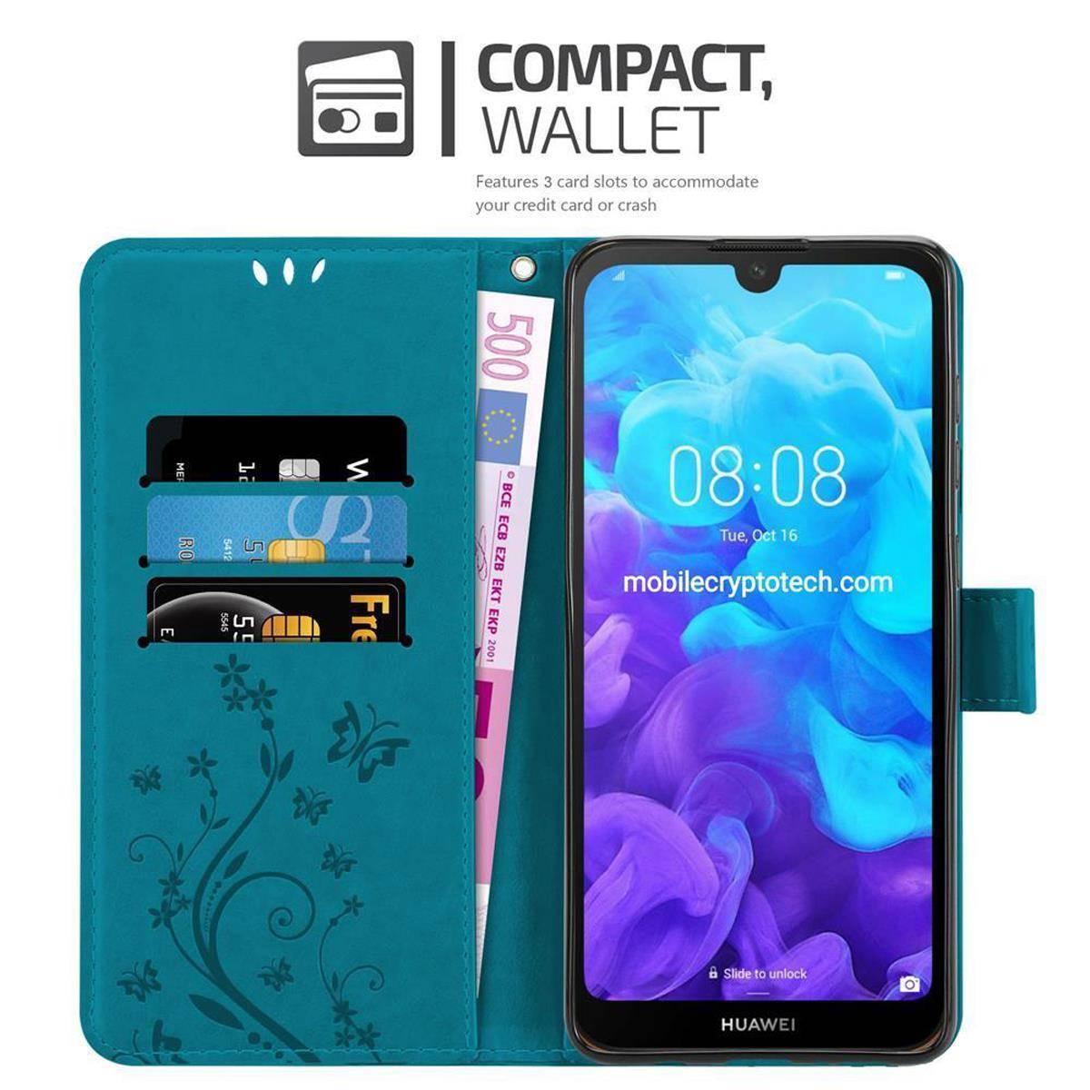 Cadorabo Hülle für Huawei Y6 PRO 2019 Schutz Hülle in Blau Schutzhülle Handy Hülle Etui Case Blumen Flower