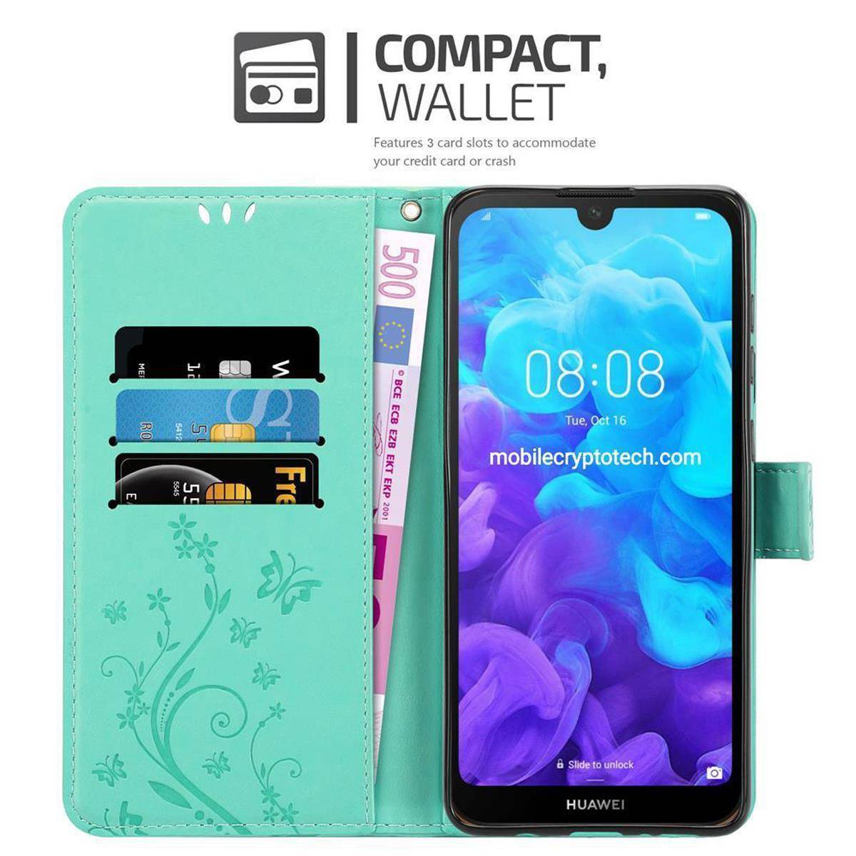 Cadorabo Hülle für Huawei Y6 PRO 2019 Schutz Hülle in Türkis Schutzhülle Handy Hülle Etui Case Blumen Flower
