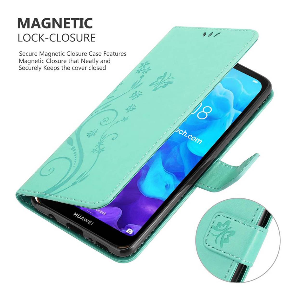 Cadorabo Hülle für Huawei Y6 PRO 2019 Schutz Hülle in Türkis Schutzhülle Handy Hülle Etui Case Blumen Flower