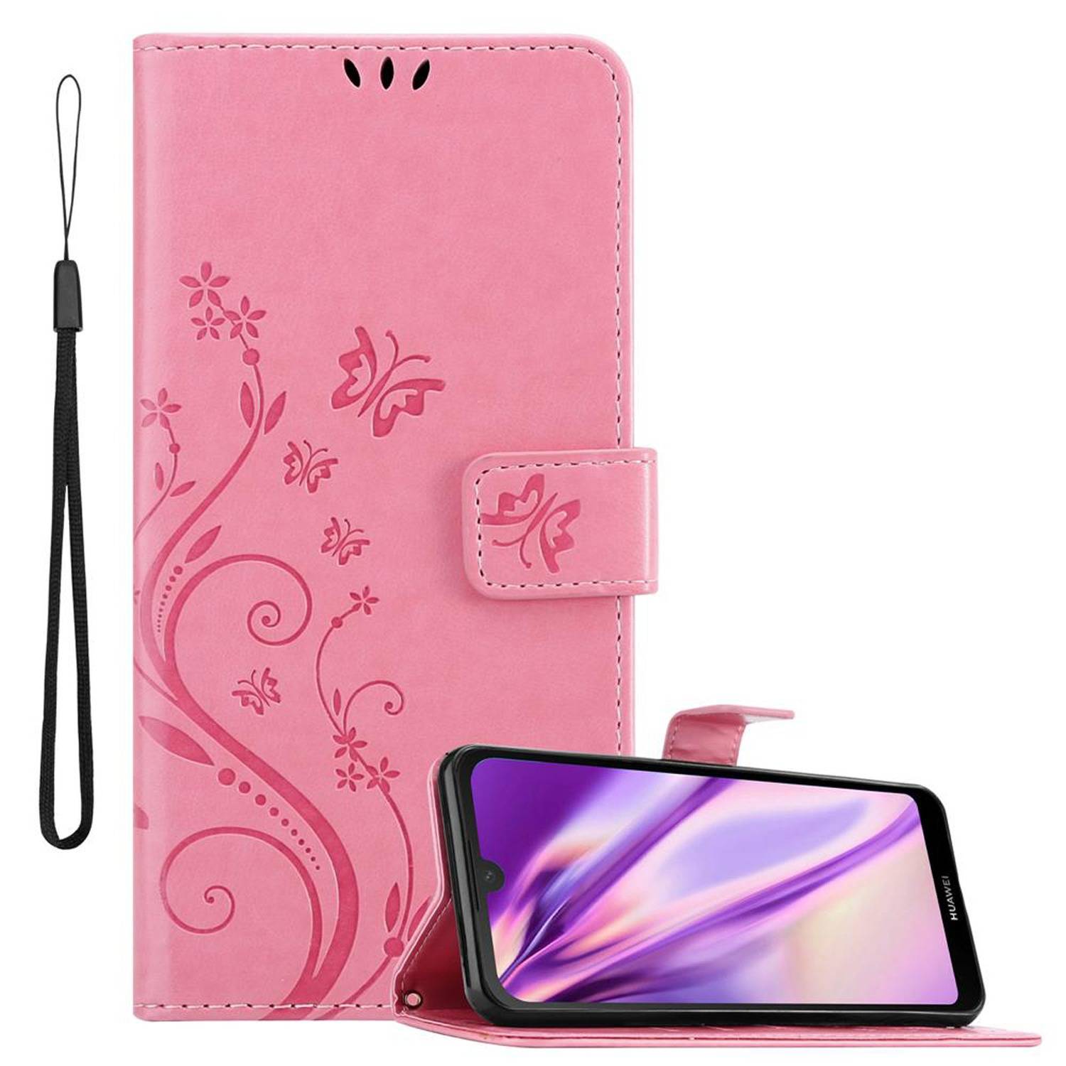 Cadorabo Hülle für Huawei Y6 PRO 2019 Schutz Hülle in Rosa Schutzhülle Handy Hülle Etui Case Blumen Flower