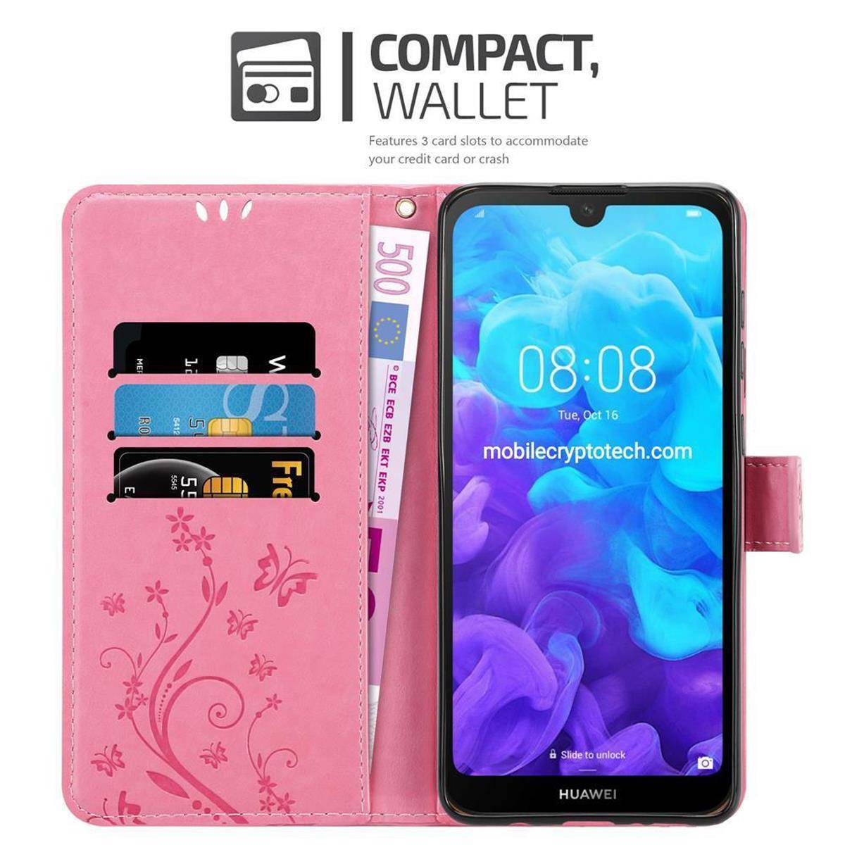 Cadorabo Hülle für Huawei Y6 PRO 2019 Schutz Hülle in Rosa Schutzhülle Handy Hülle Etui Case Blumen Flower