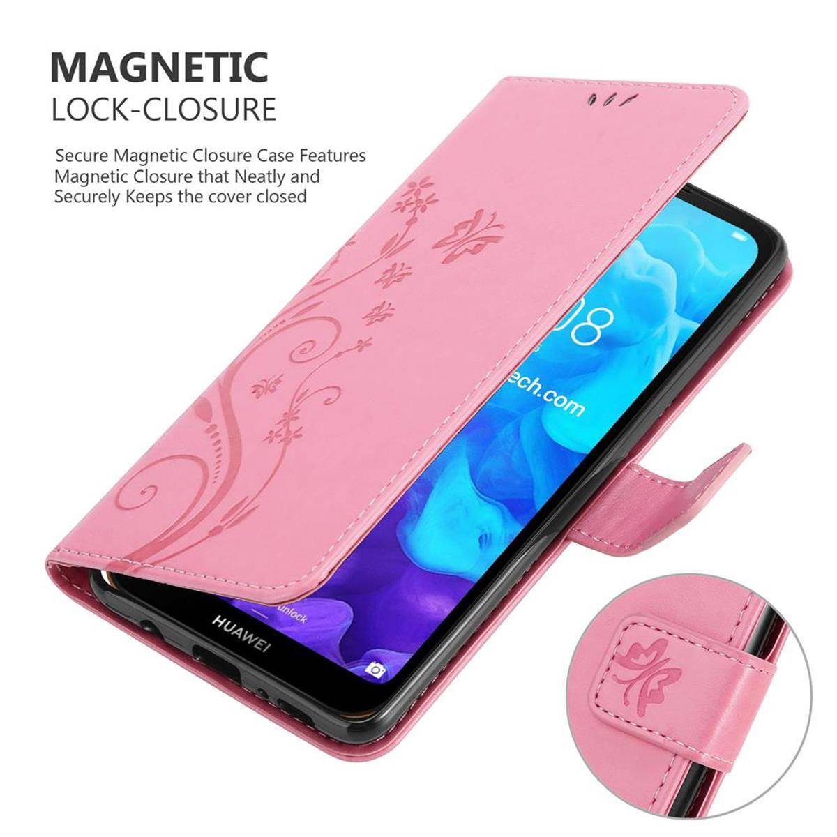 Cadorabo Hülle für Huawei Y6 PRO 2019 Schutz Hülle in Rosa Schutzhülle Handy Hülle Etui Case Blumen Flower