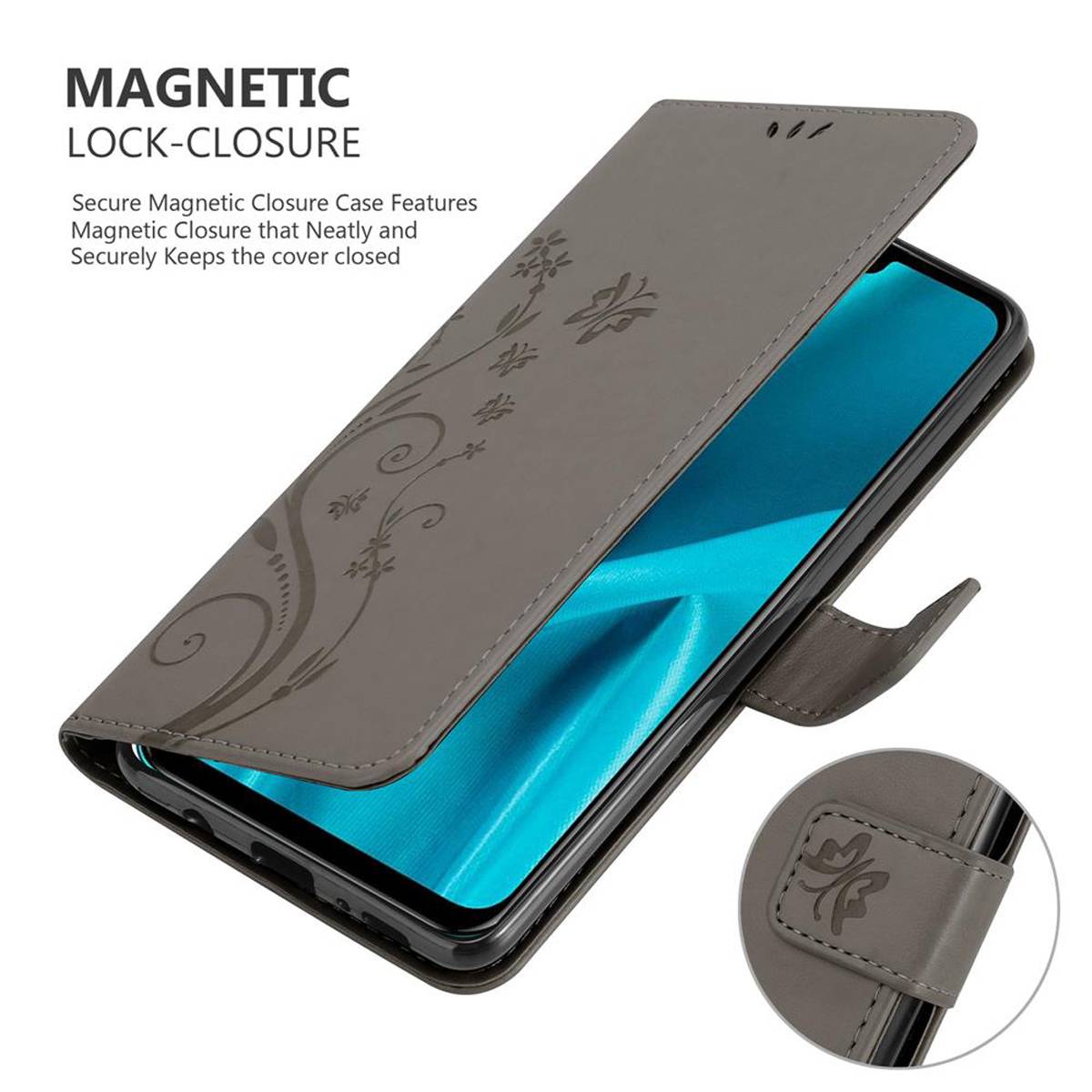 Cadorabo Hülle für Huawei Y9 2019 Schutz Hülle in Grau Schutzhülle Handy Hülle Etui Case Blumen Flower