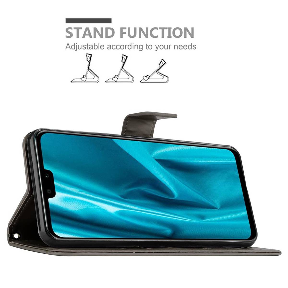 Cadorabo Hülle für Huawei Y9 2019 Schutz Hülle in Grau Schutzhülle Handy Hülle Etui Case Blumen Flower