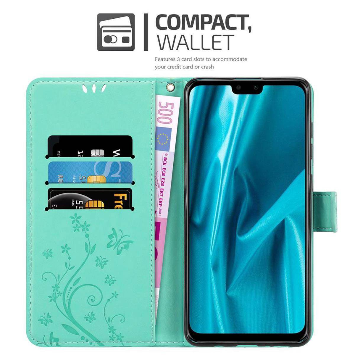 Cadorabo Hülle für Huawei Y9 2019 Schutz Hülle in Türkis Schutzhülle Handy Hülle Etui Case Blumen Flower