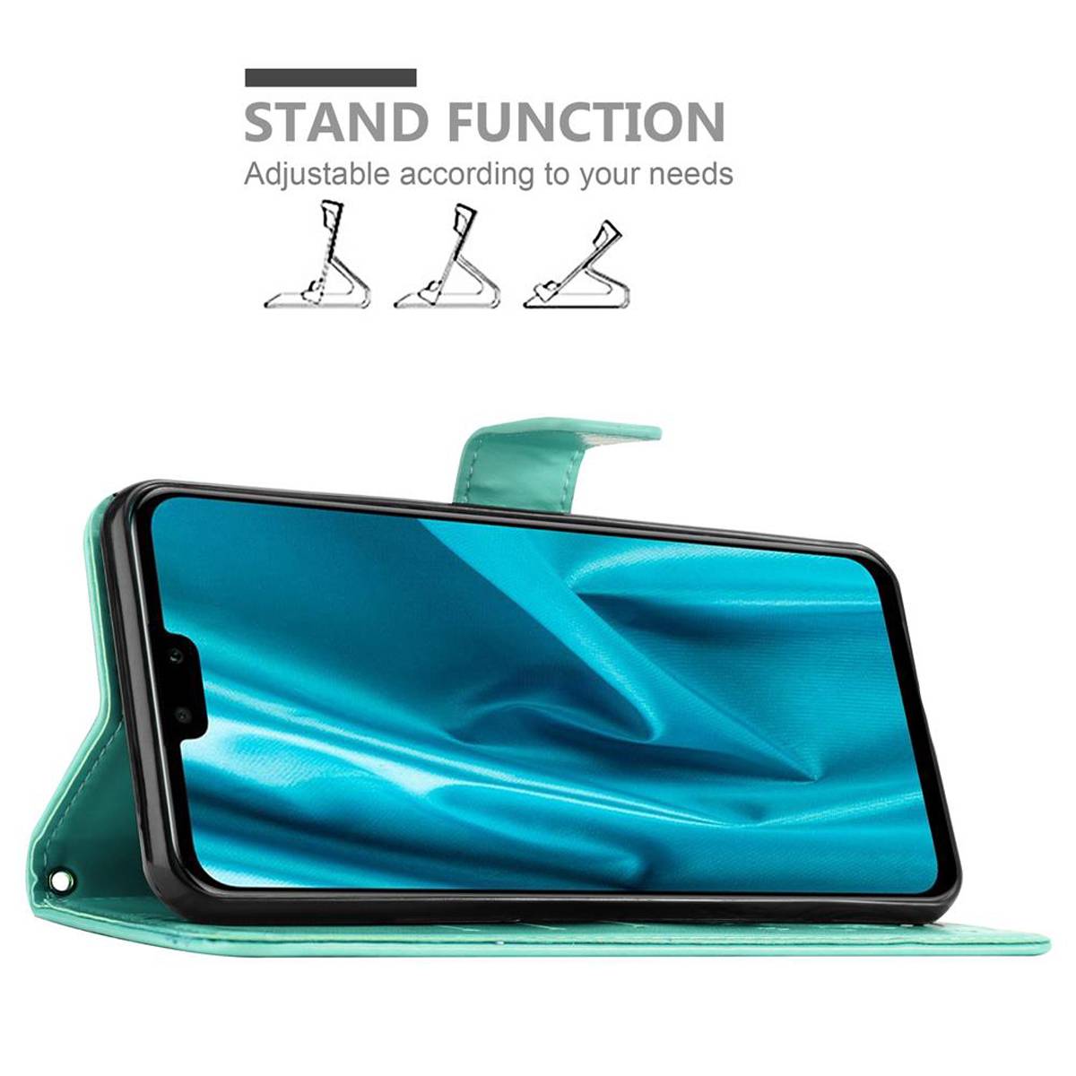 Cadorabo Hülle für Huawei Y9 2019 Schutz Hülle in Türkis Schutzhülle Handy Hülle Etui Case Blumen Flower