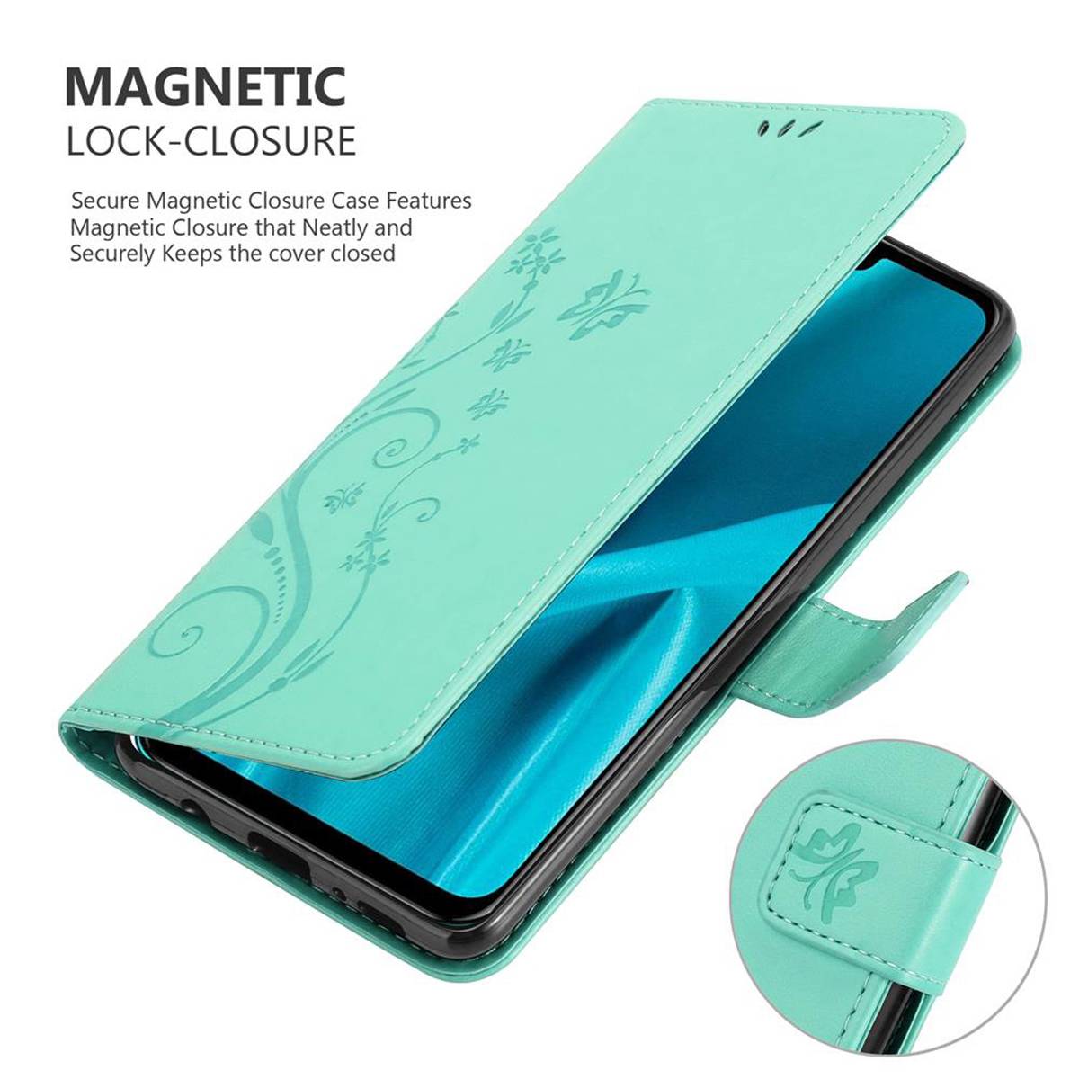 Cadorabo Hülle für Huawei Y9 2019 Schutz Hülle in Türkis Schutzhülle Handy Hülle Etui Case Blumen Flower