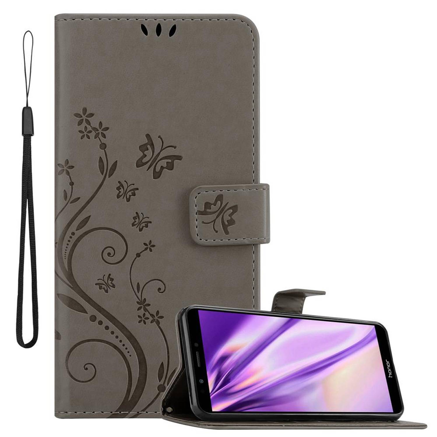 Cadorabo Hülle für Honor 7C / Huawei Y7 2018 Schutz Hülle in Grau Schutzhülle Handy Hülle Etui Case Blumen Flower