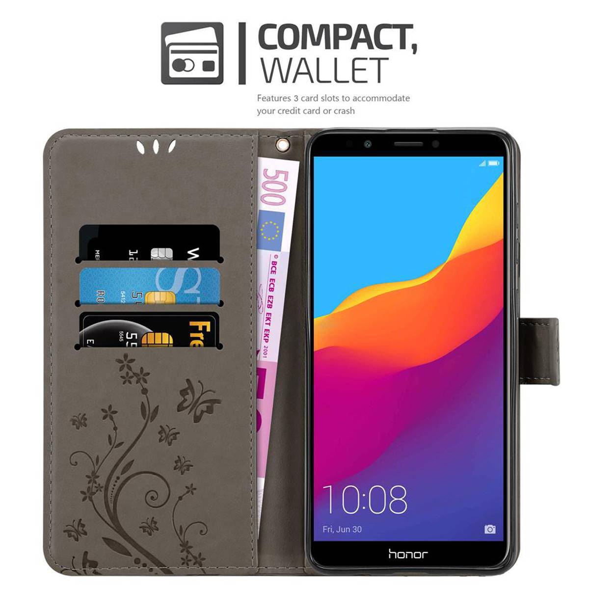 Cadorabo Hülle für Honor 7C / Huawei Y7 2018 Schutz Hülle in Grau Schutzhülle Handy Hülle Etui Case Blumen Flower