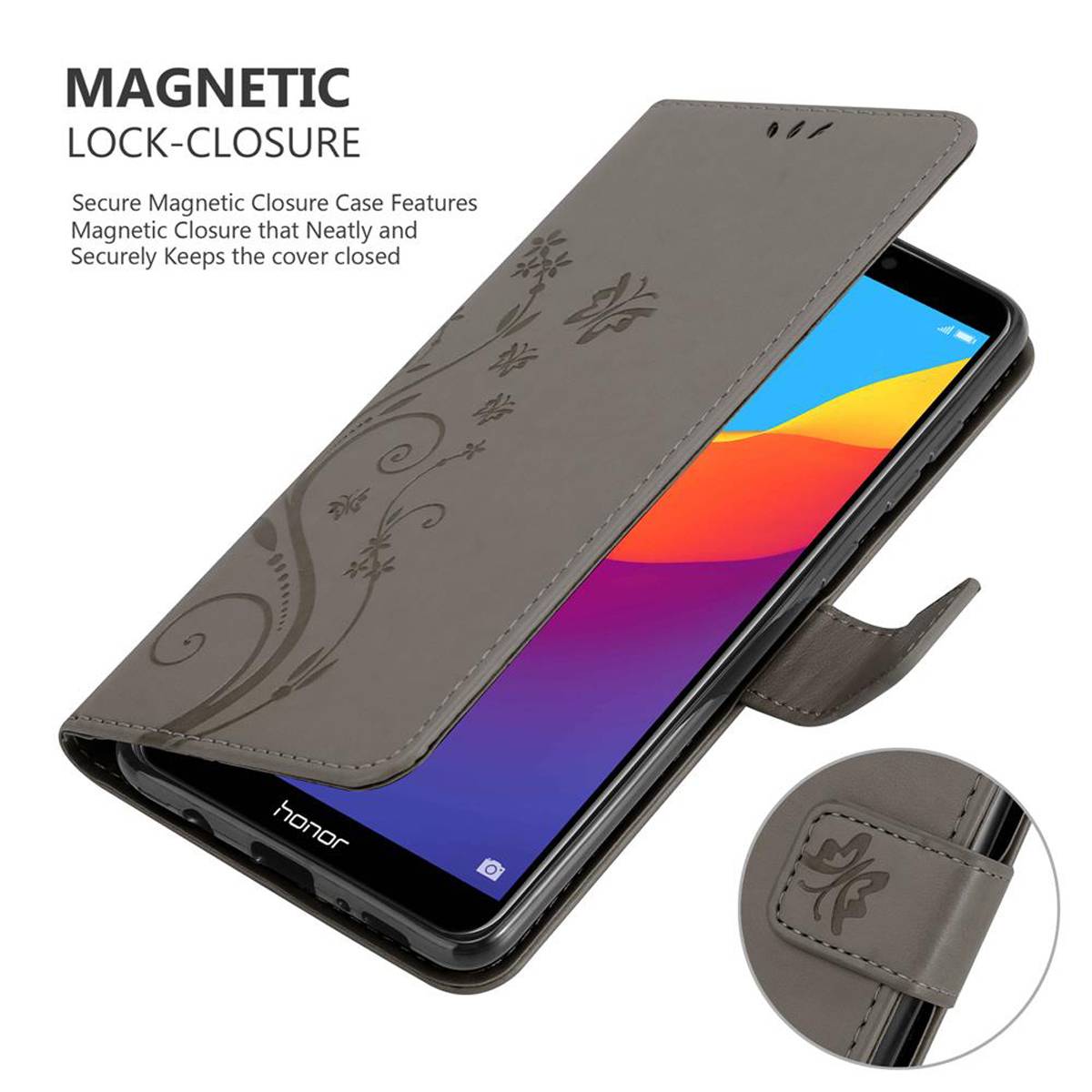 Cadorabo Hülle für Honor 7C / Huawei Y7 2018 Schutz Hülle in Grau Schutzhülle Handy Hülle Etui Case Blumen Flower