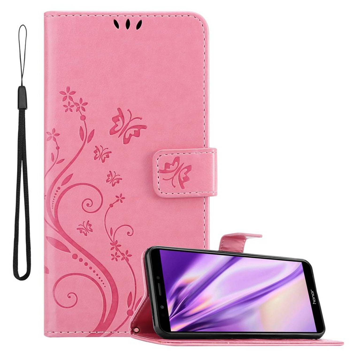 Cadorabo Hülle für Honor 7C / Huawei Y7 2018 Schutz Hülle in Rosa Schutzhülle Handy Hülle Etui Case Blumen Flower