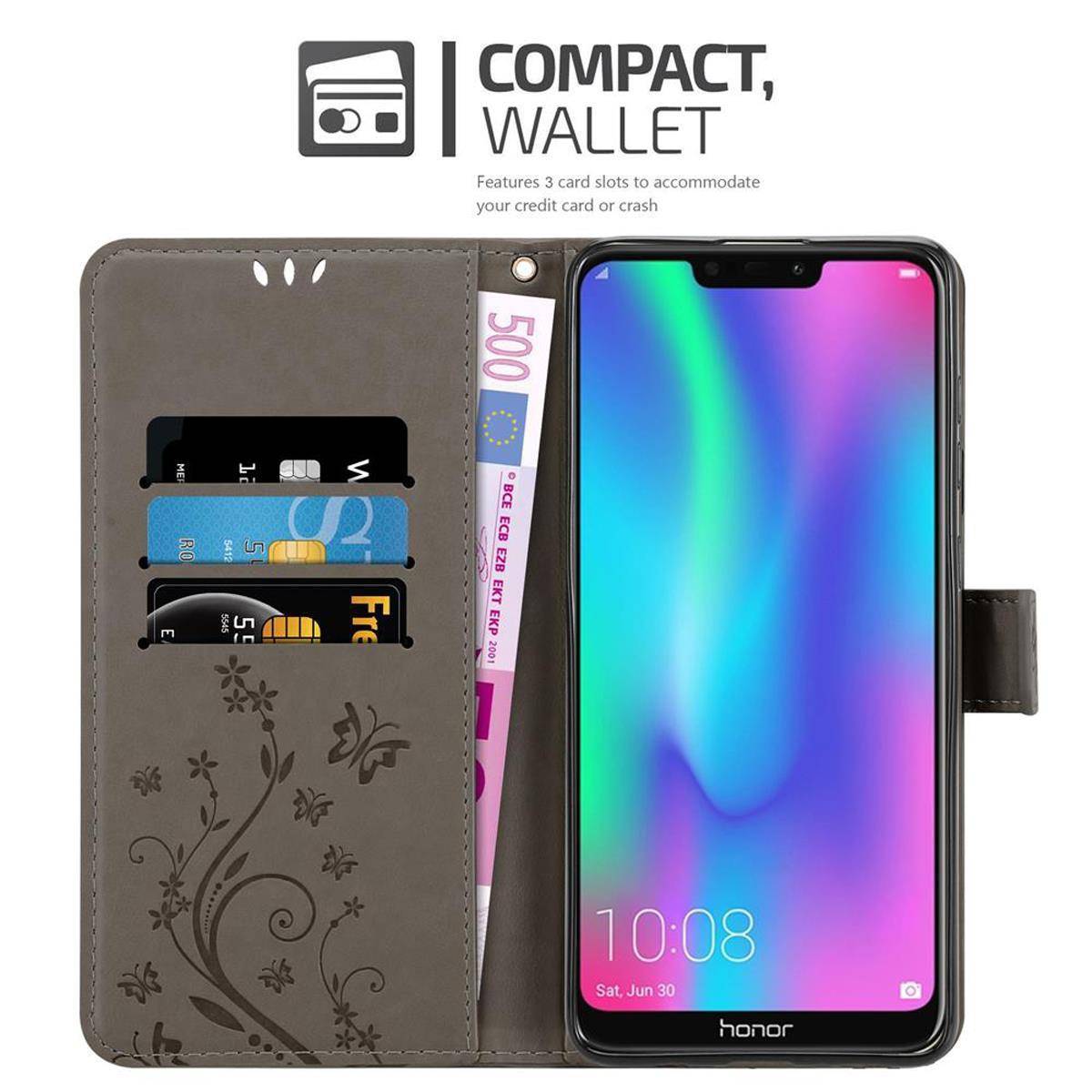 Cadorabo Hülle für Honor 8C Schutz Hülle in Grau Schutzhülle Handy Hülle Etui Case Blumen Flower