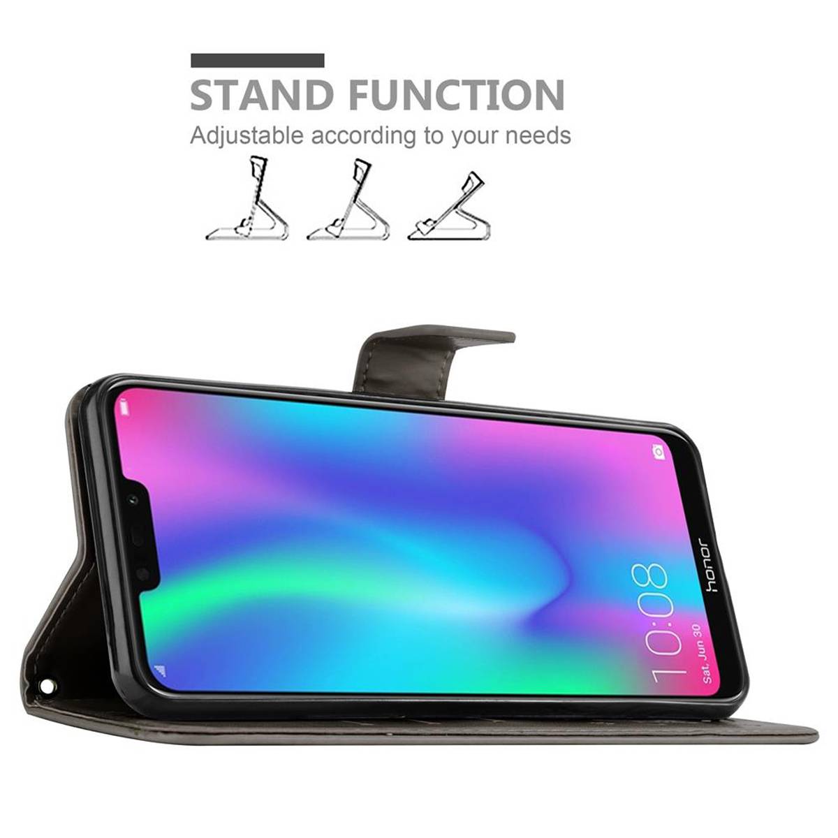 Cadorabo Hülle für Honor 8C Schutz Hülle in Grau Schutzhülle Handy Hülle Etui Case Blumen Flower