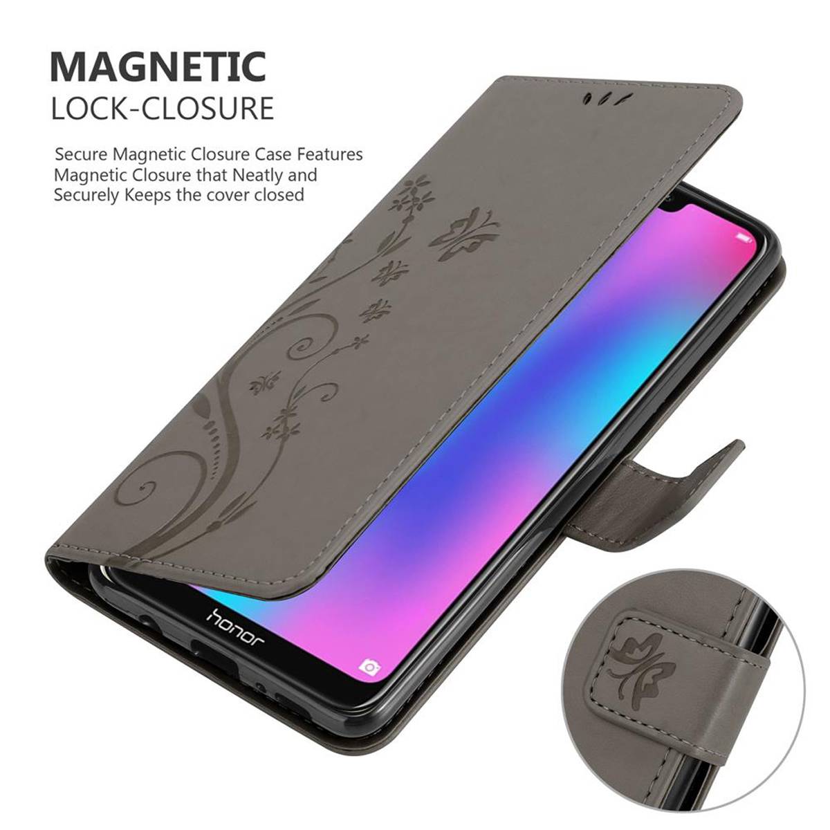 Cadorabo Hülle für Honor 8C Schutz Hülle in Grau Schutzhülle Handy Hülle Etui Case Blumen Flower
