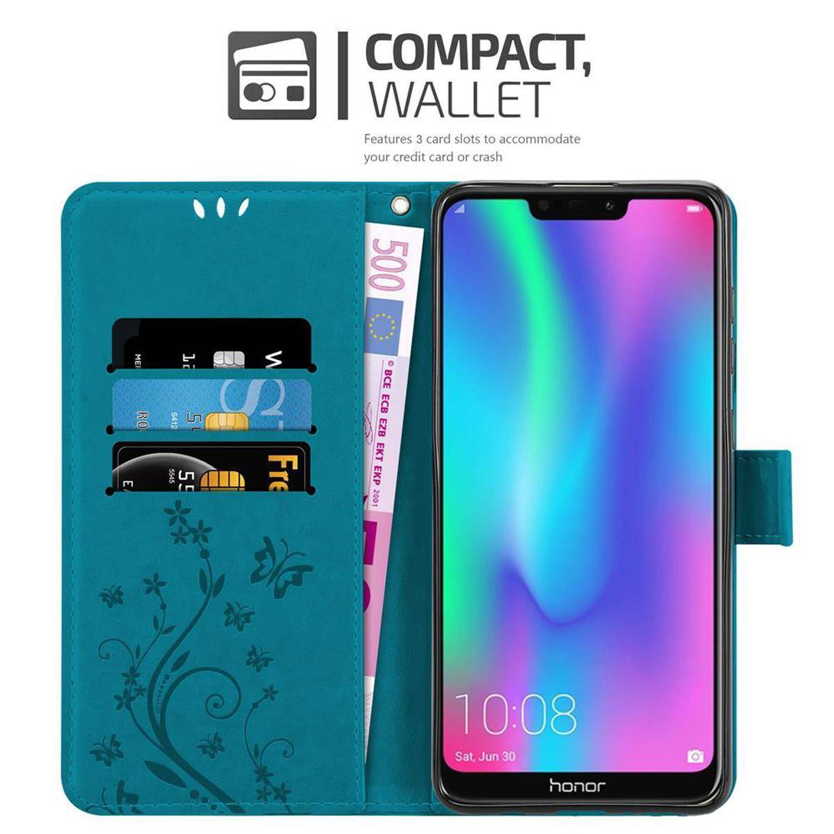Cadorabo Hülle für Honor 8C Schutz Hülle in Blau Schutzhülle Handy Hülle Etui Case Blumen Flower