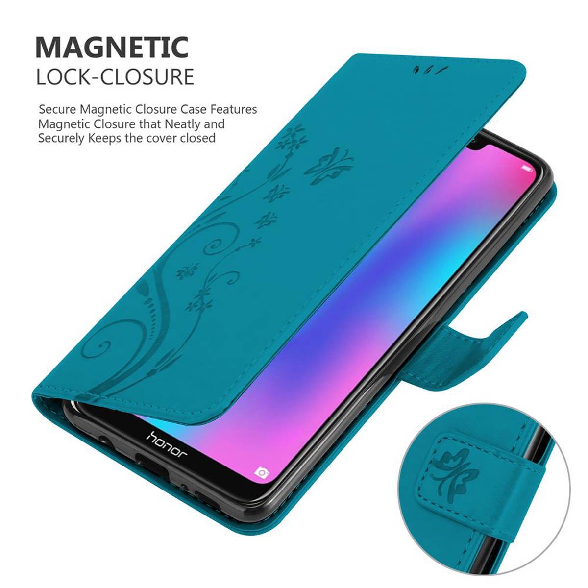 Cadorabo Hülle für Honor 8C Schutz Hülle in Blau Schutzhülle Handy Hülle Etui Case Blumen Flower