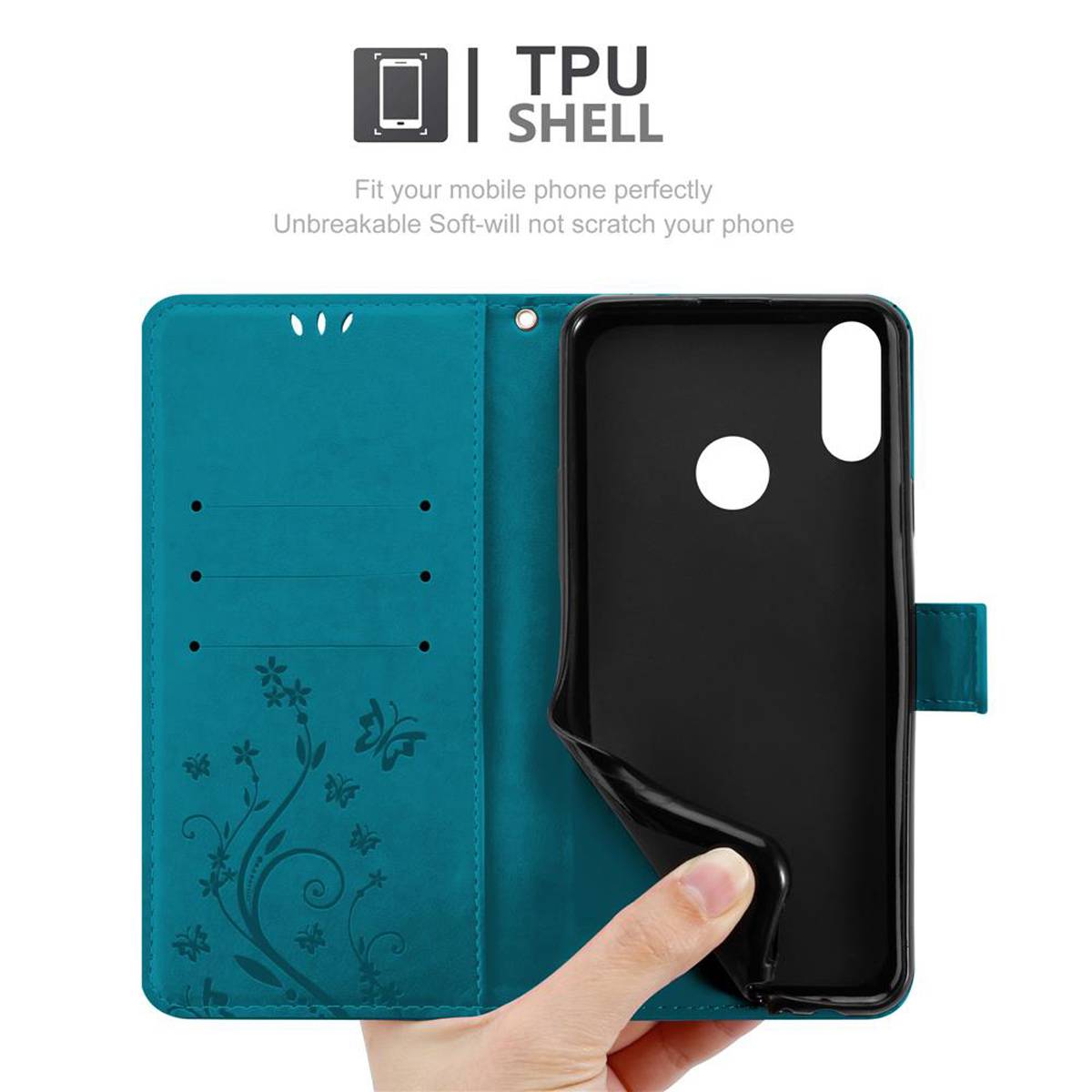 Cadorabo Hülle für Honor 8C Schutz Hülle in Blau Schutzhülle Handy Hülle Etui Case Blumen Flower