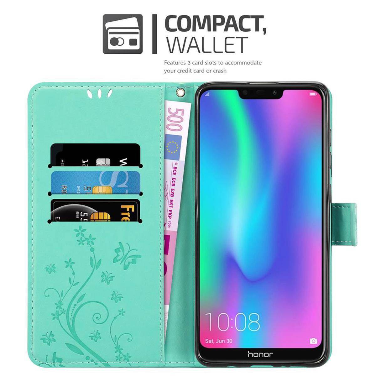 Cadorabo Hülle für Honor 8C Schutz Hülle in Türkis Schutzhülle Handy Hülle Etui Case Blumen Flower