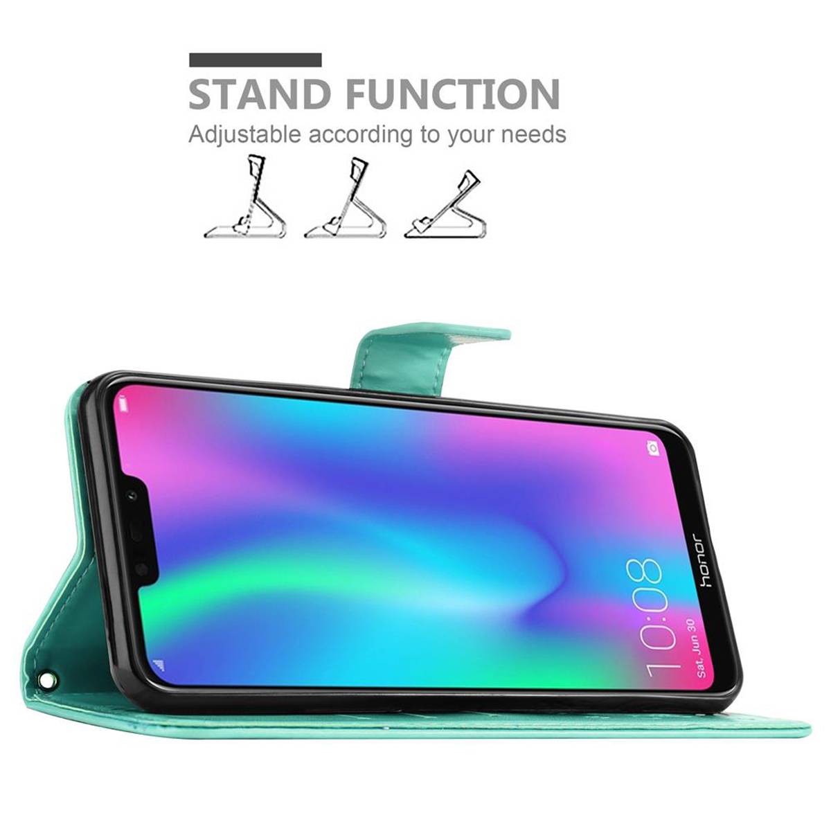 Cadorabo Hülle für Honor 8C Schutz Hülle in Türkis Schutzhülle Handy Hülle Etui Case Blumen Flower