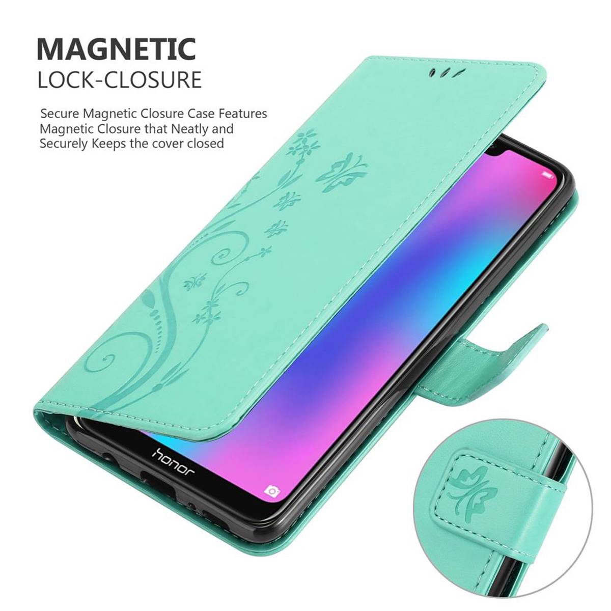 Cadorabo Hülle für Honor 8C Schutz Hülle in Türkis Schutzhülle Handy Hülle Etui Case Blumen Flower
