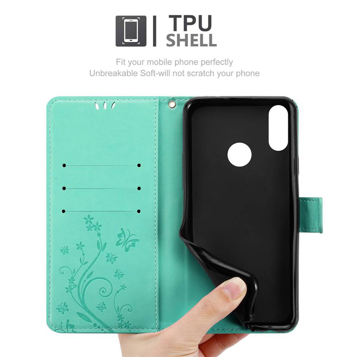 Cadorabo Hülle für Honor 8C Schutz Hülle in Türkis Schutzhülle Handy Hülle Etui Case Blumen Flower