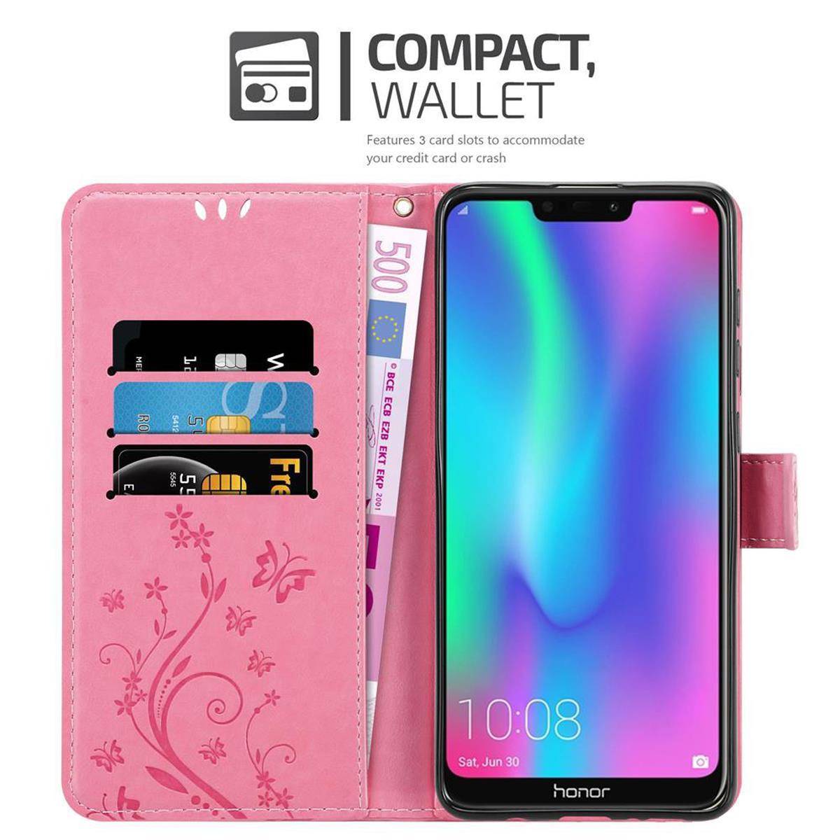 Cadorabo Hülle für Honor 8C Schutz Hülle in Rosa Schutzhülle Handy Hülle Etui Case Blumen Flower