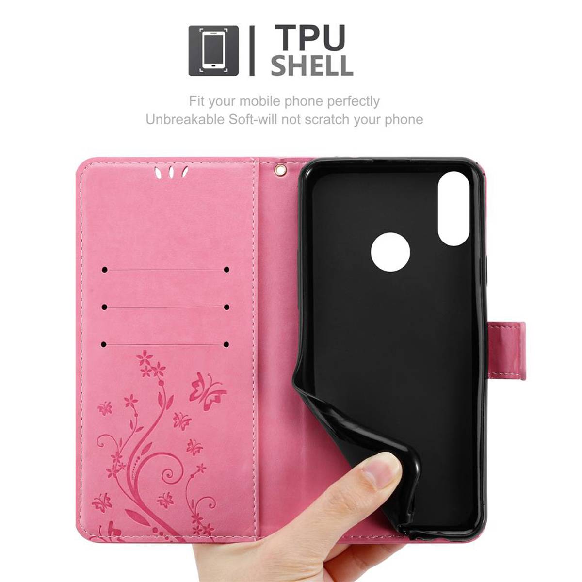 Cadorabo Hülle für Honor 8C Schutz Hülle in Rosa Schutzhülle Handy Hülle Etui Case Blumen Flower