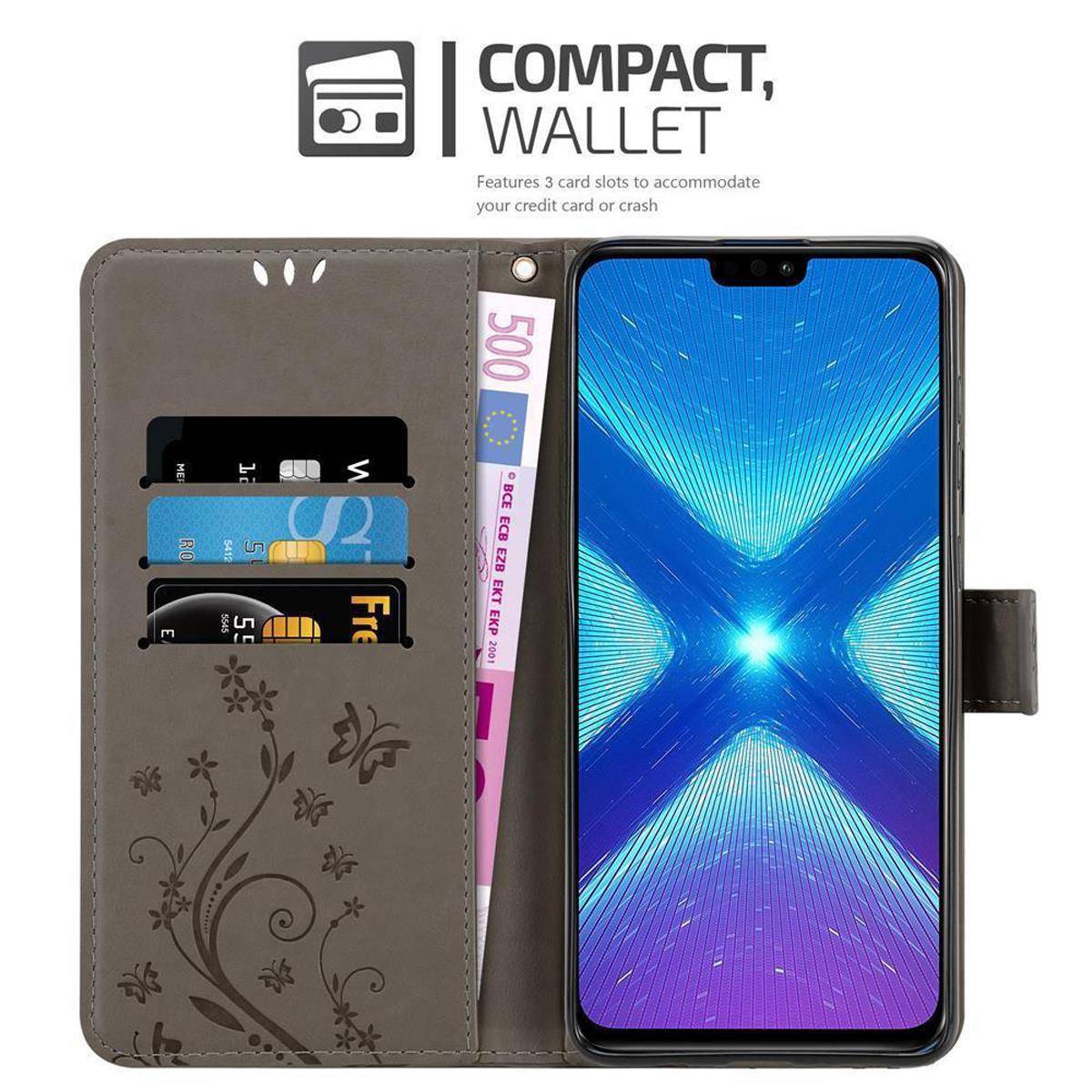 Cadorabo Hülle für Honor 8X Schutz Hülle in Grau Schutzhülle Handy Hülle Etui Case Blumen Flower