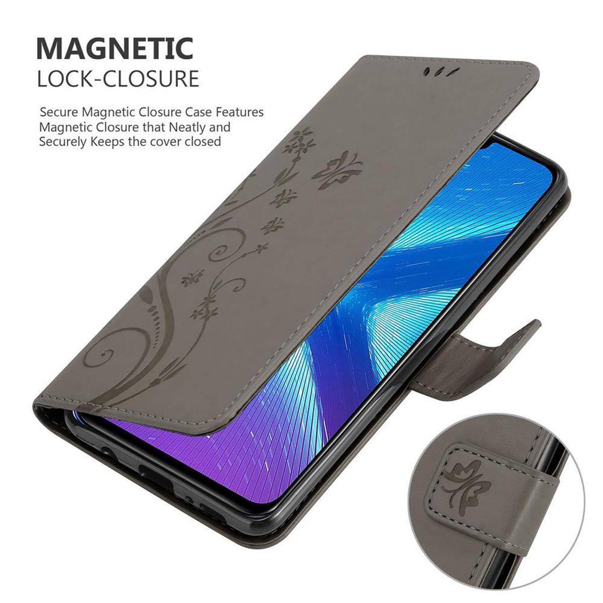 Cadorabo Hülle für Honor 8X Schutz Hülle in Grau Schutzhülle Handy Hülle Etui Case Blumen Flower