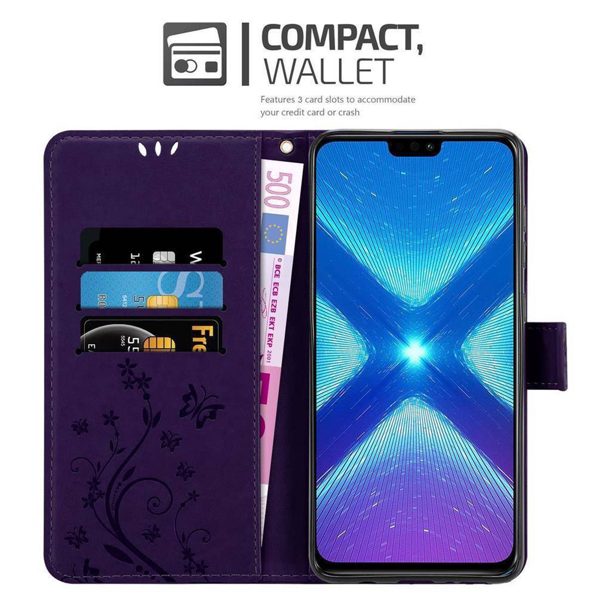 Cadorabo Hülle für Honor 8X Schutz Hülle in Lila Schutzhülle Handy Hülle Etui Case Blumen Flower