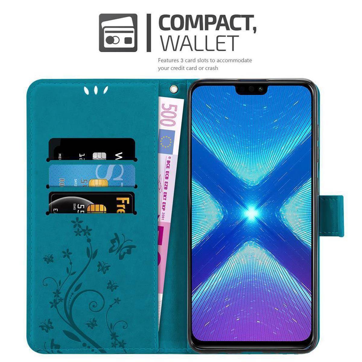 Cadorabo Hülle für Honor 8X Schutz Hülle in Blau Schutzhülle Handy Hülle Etui Case Blumen Flower